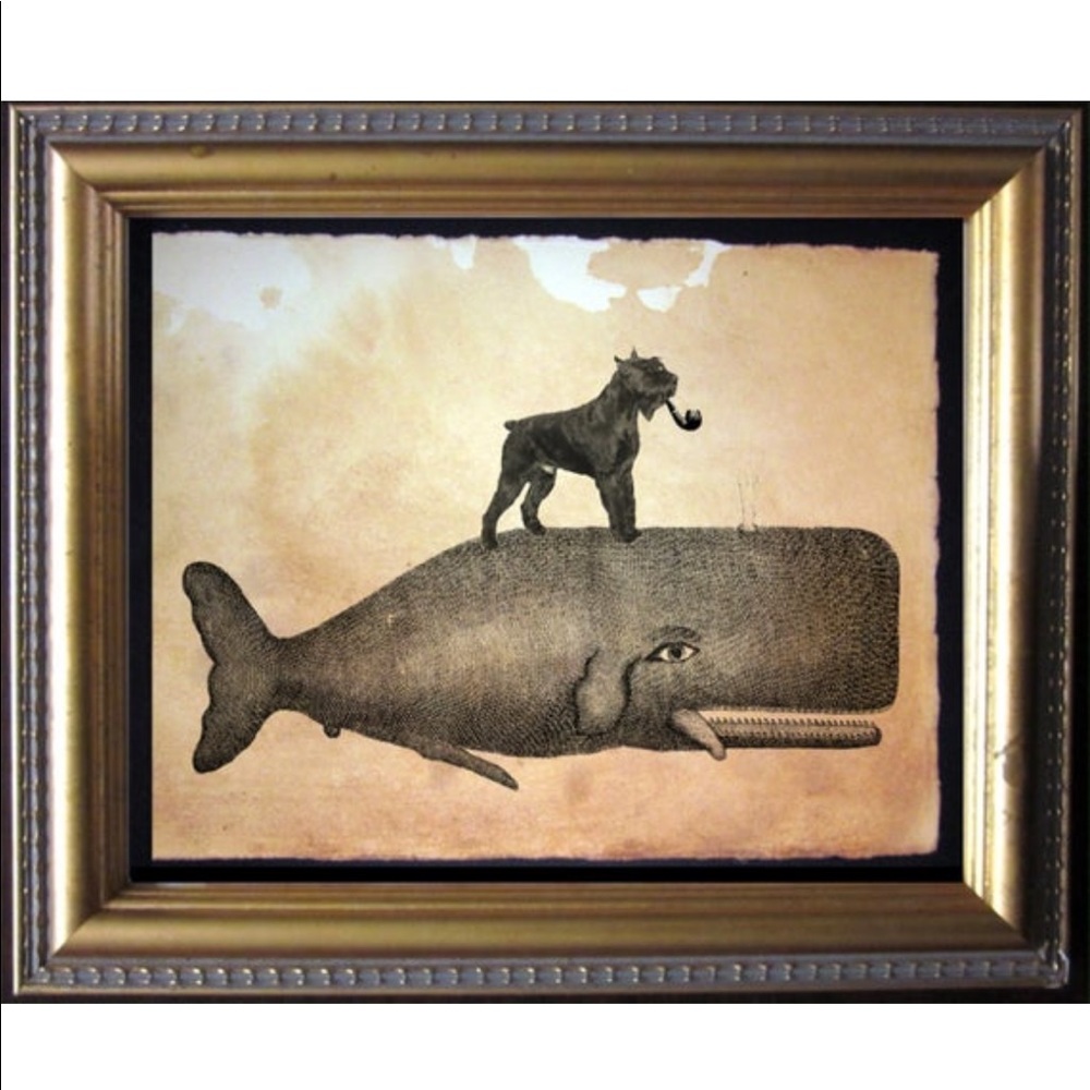 Schnauzer Dog Riding Whale Art Print Tea Stained